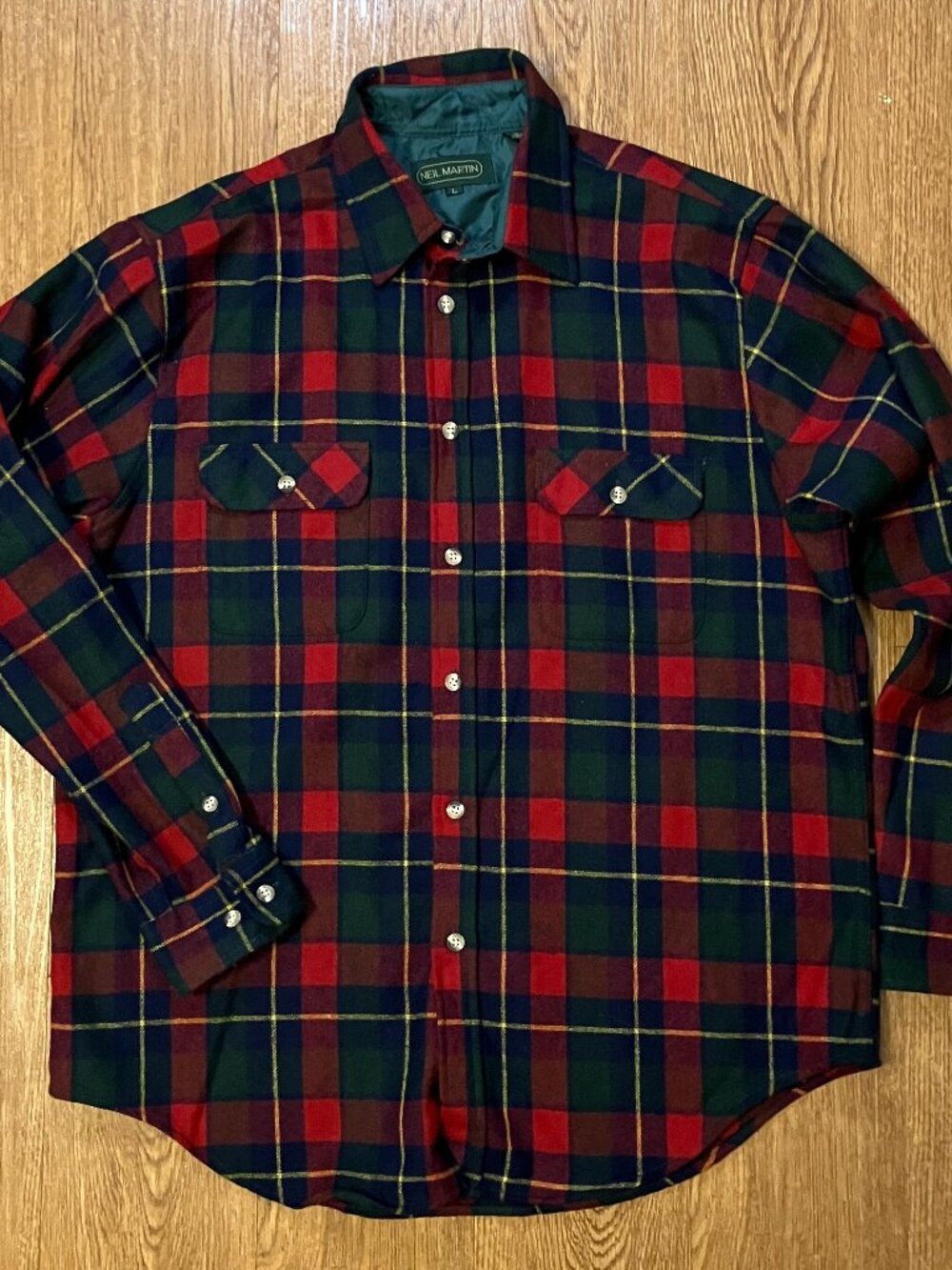 Vintage Neil Martin Wool Blend Plaid Flannel Shirt L Collar and Cuff Liner Korea
